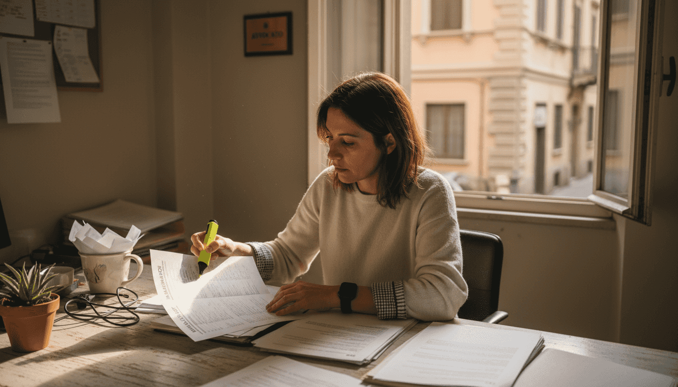 Imprenditrice alle prese con la revisione della documentazione relativa ai marchi registrati.