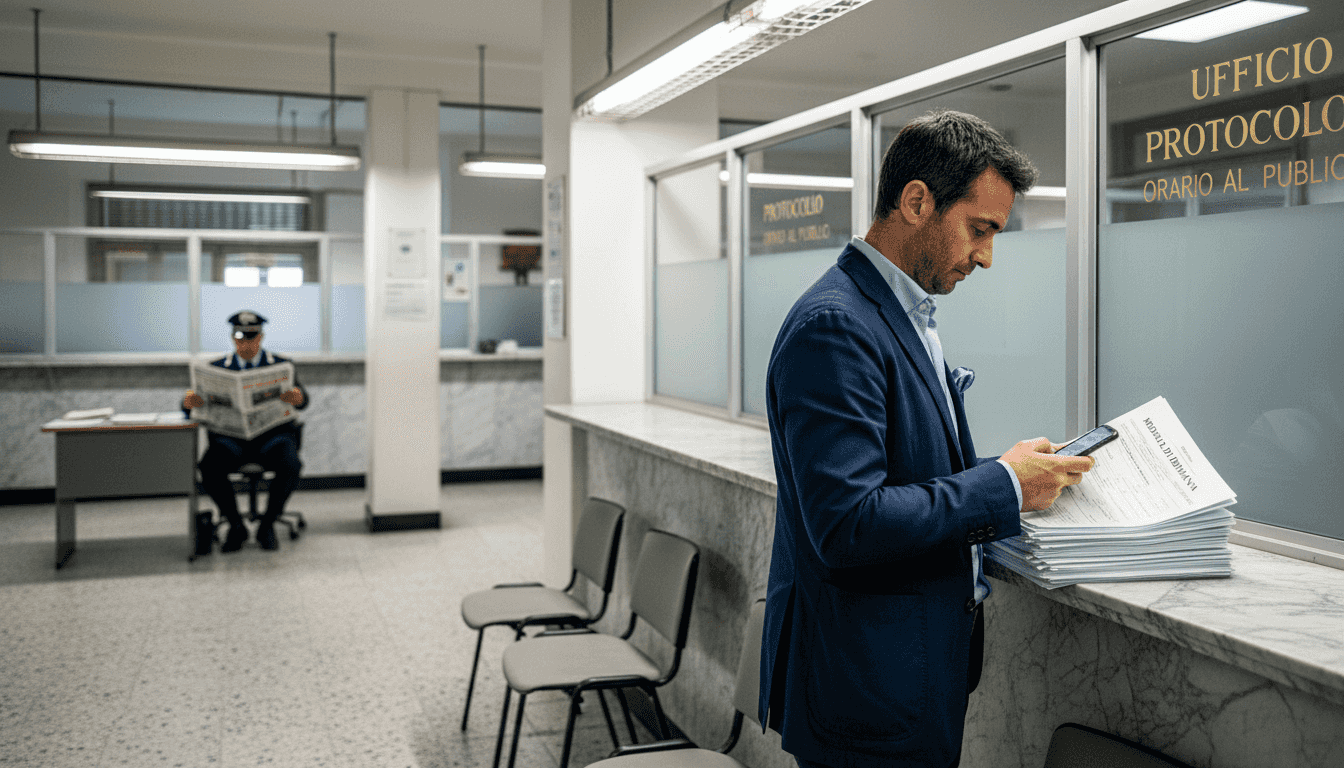 Un uomo in attesa allo sportello per il deposito del marchio presso l’Ufficio Italiano Brevetti e Marchi.