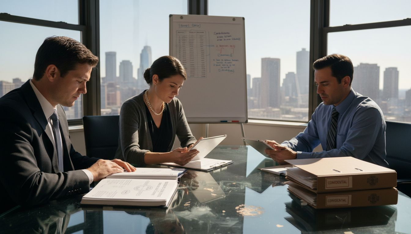 Business team reviewing patent documents in corner office