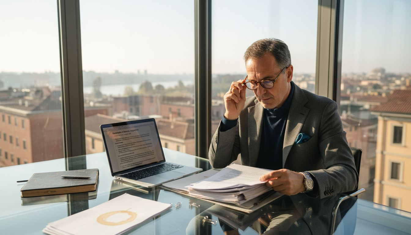 Un consulente sta esaminando documenti relativi ai marchi seduto al tavolo del suo ufficio.