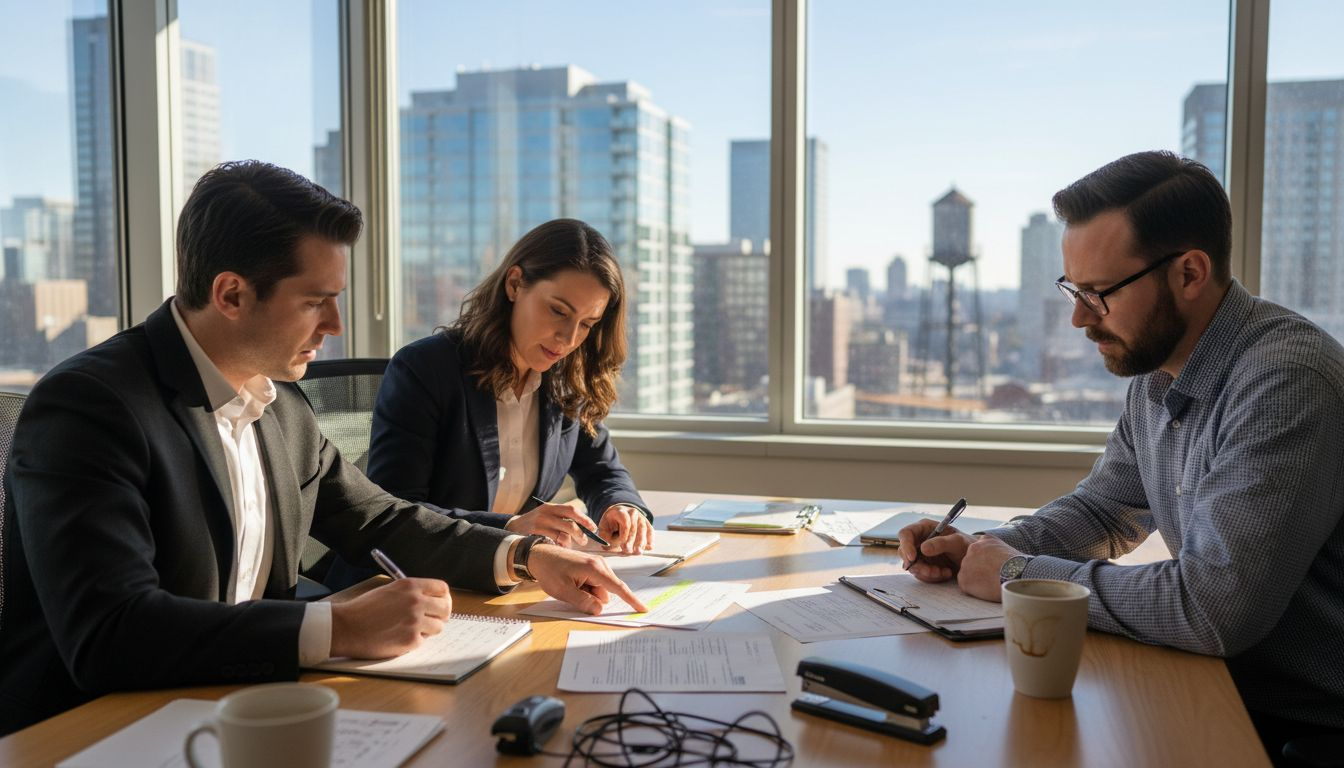 Business team reviewing copyright documents