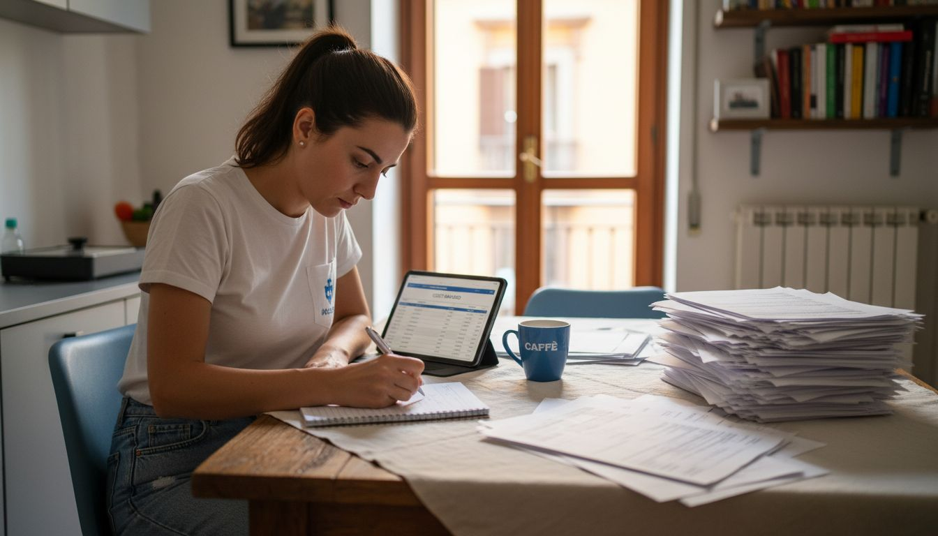 Una donna esamina i costi e i documenti relativi al marchio, seduta al tavolo.