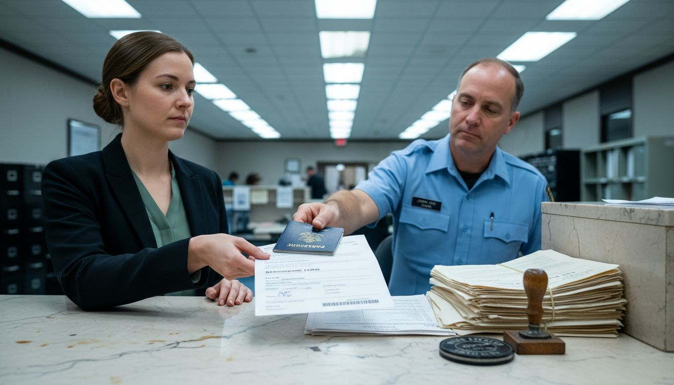 Woman filing trademark form at government office