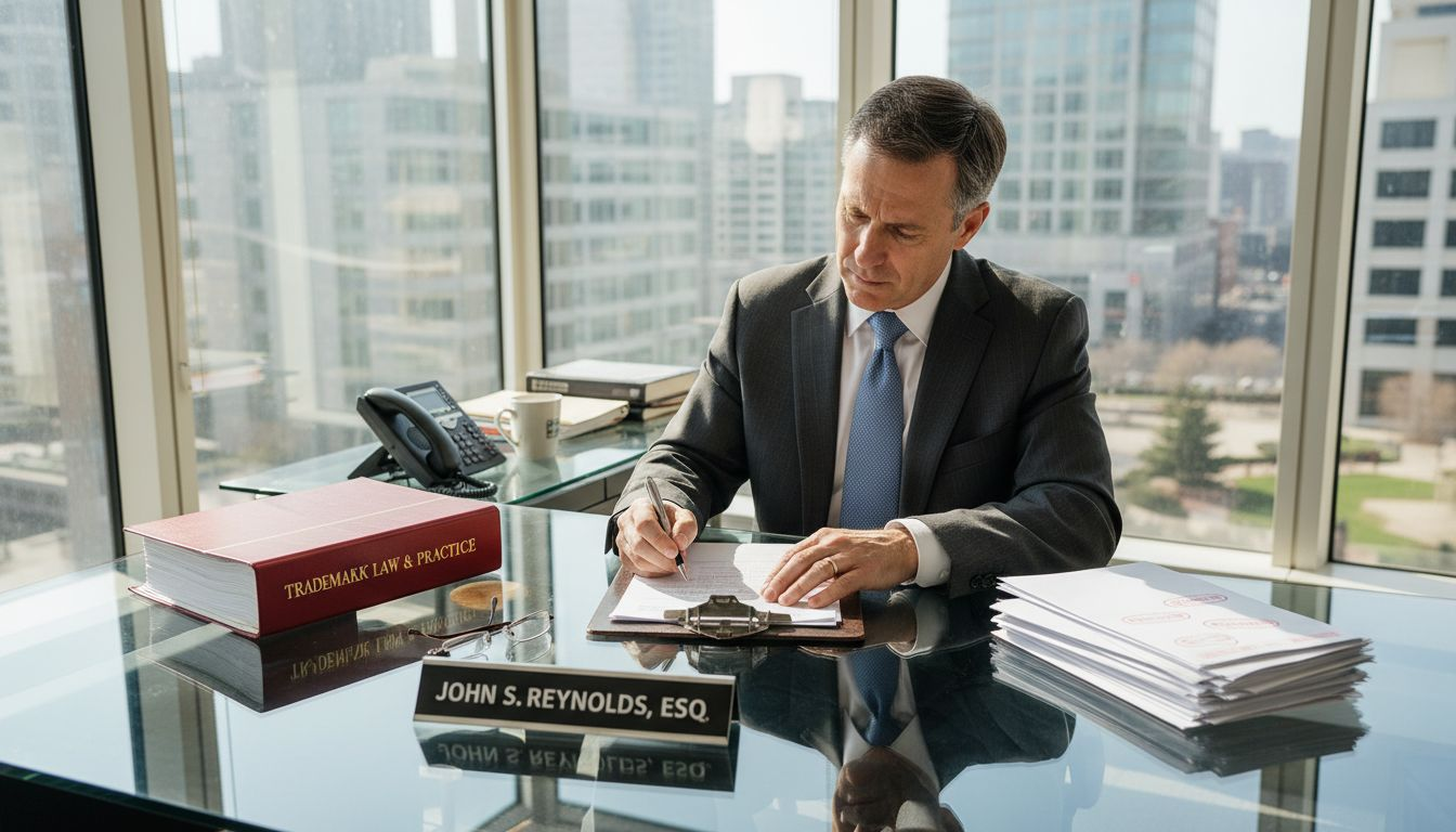 Attorney registering trademark at city office desk