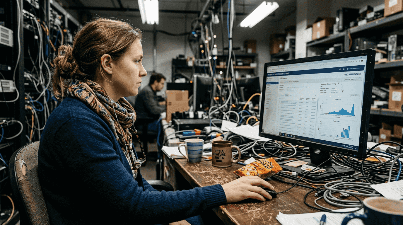 Worker using IP monitoring software in IT room