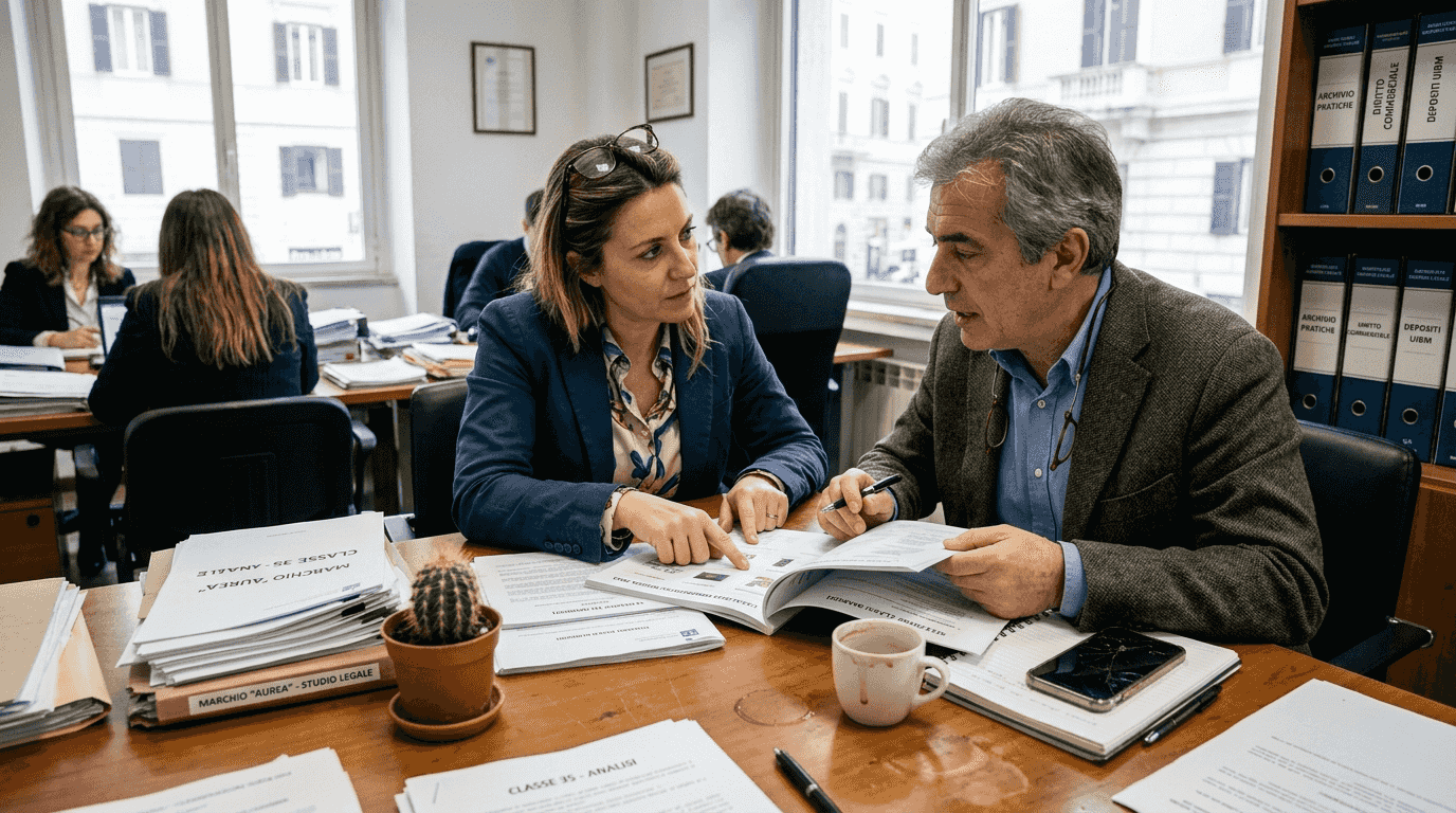 Il team legale si riunisce per valutare la classificazione del marchio.