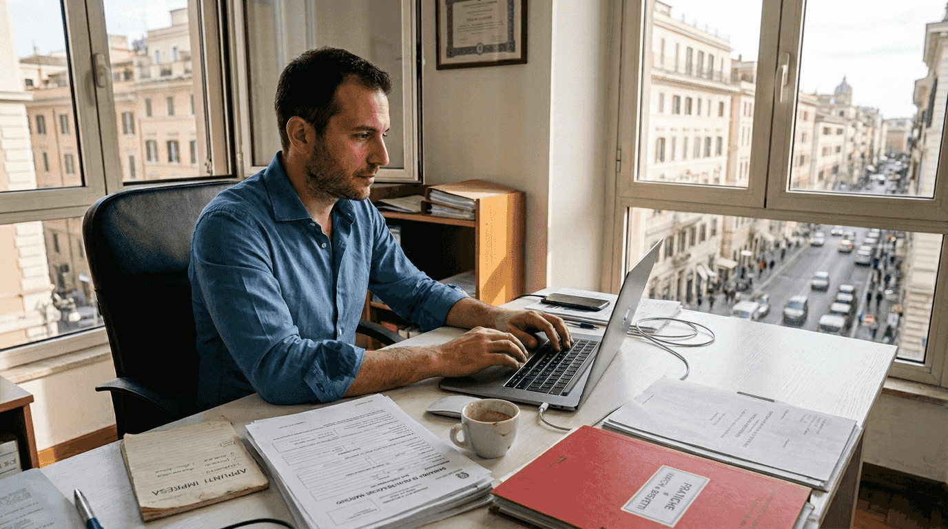 Imprenditore alle prese con la compilazione di pratiche amministrative presso lo sportello comunale.