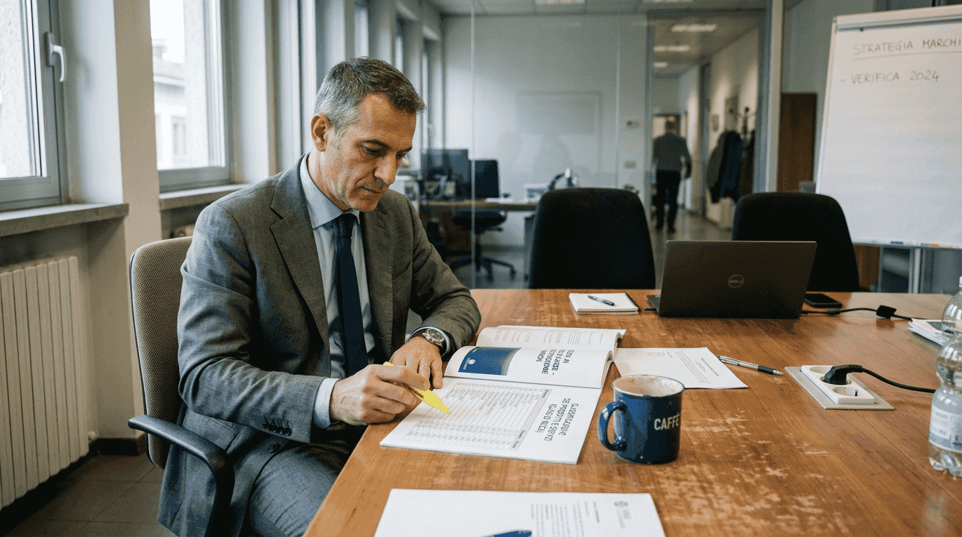 Un uomo sta esaminando le schede delle classi di marchio, controllando con attenzione i documenti per verificare tutte le categorie di registrazione.