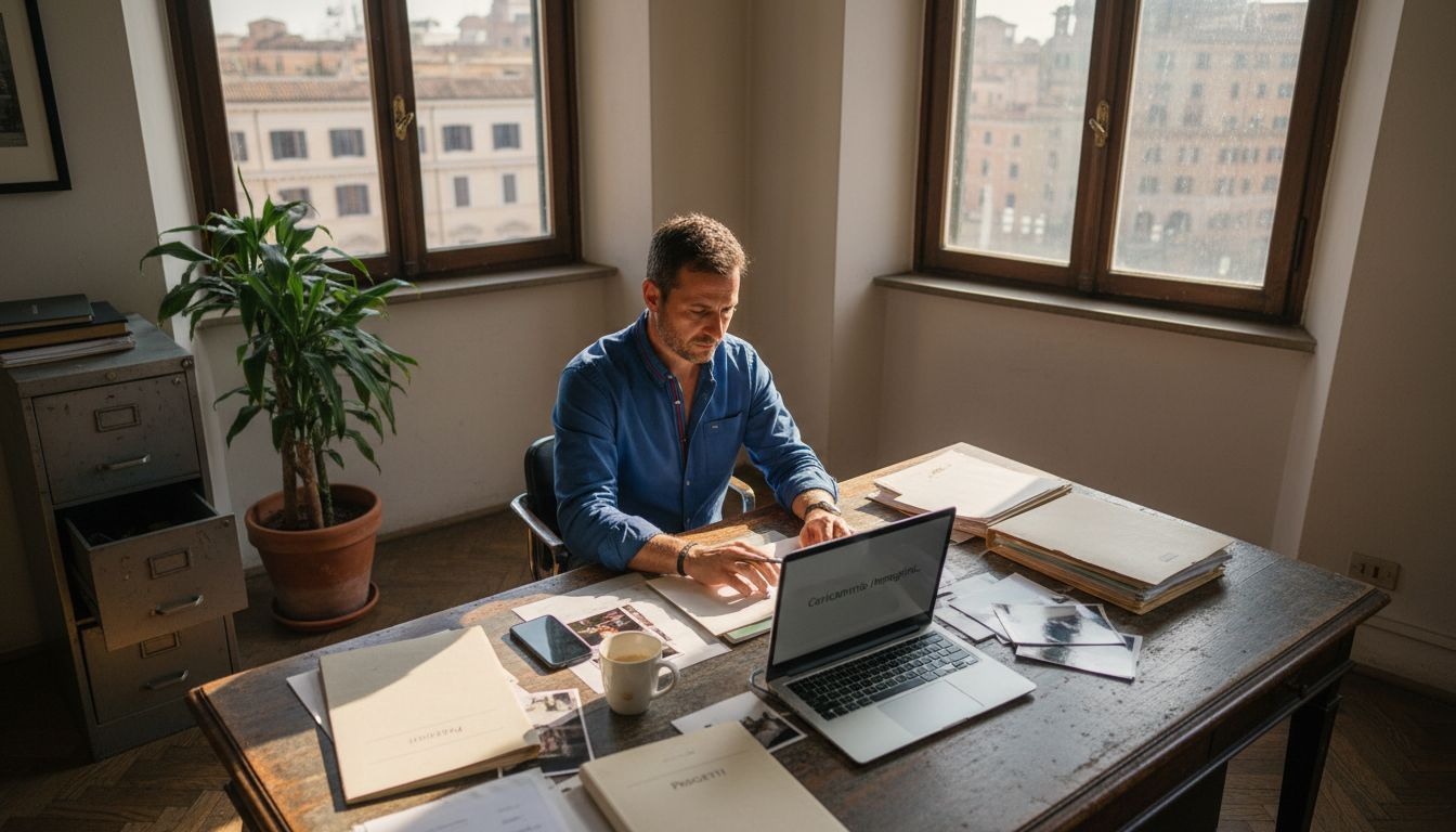 In ufficio, una persona sta depositando un marchio tramite una procedura online.