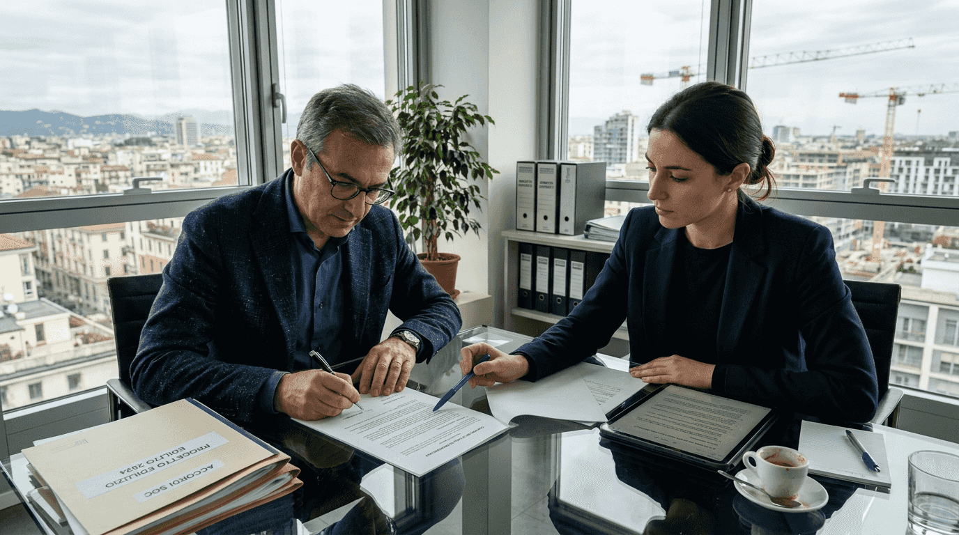 Imprenditore che firma un contratto di licenza per l’uso di un marchio