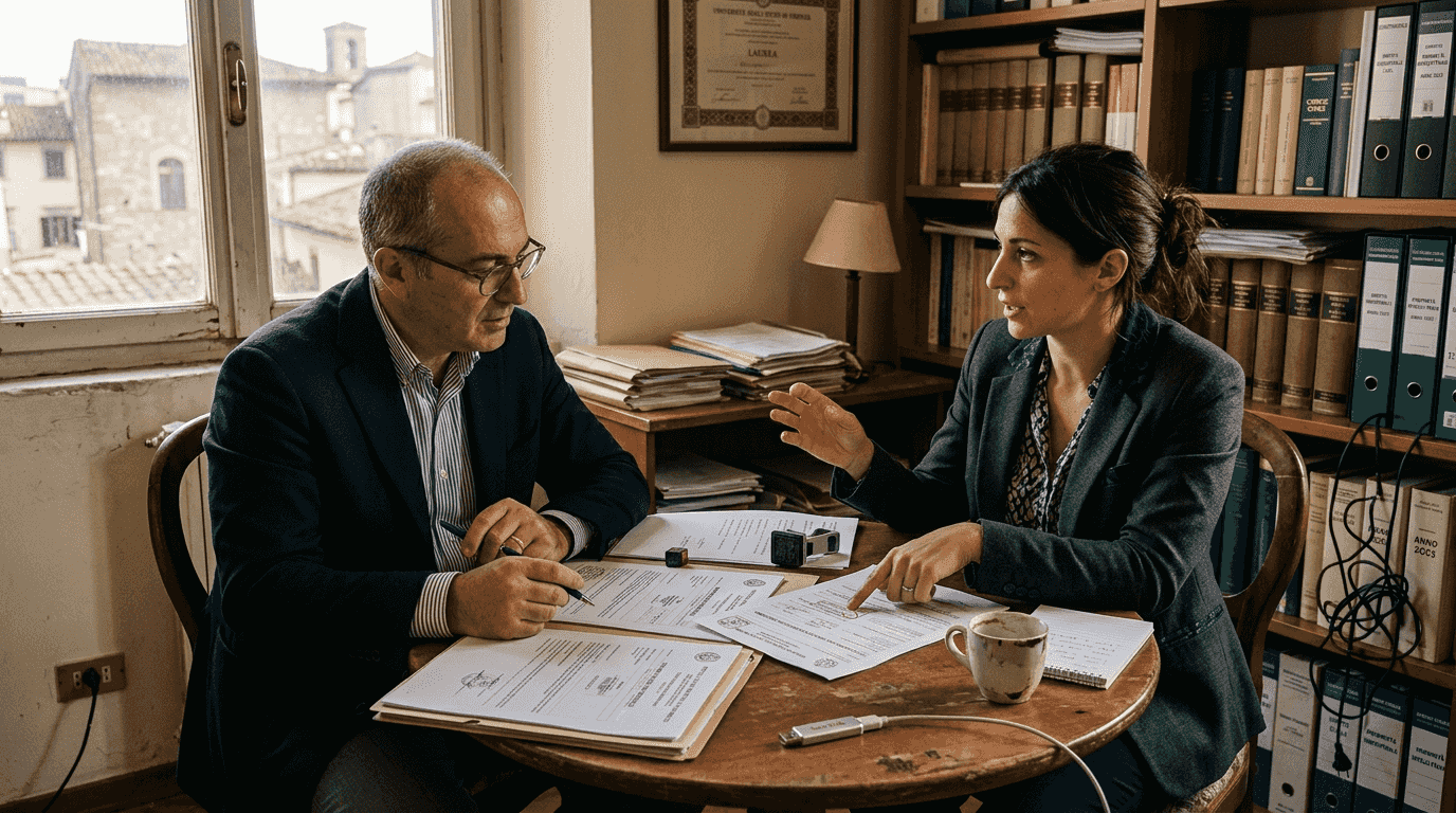 Professionisti legali fiorentini impegnati nell’analisi di documenti relativi a marchi registrati