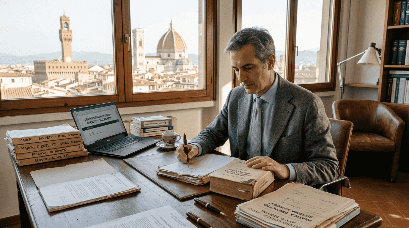 Avvocato specializzato in brevetti al lavoro nel suo studio con una splendida vista su Firenze.