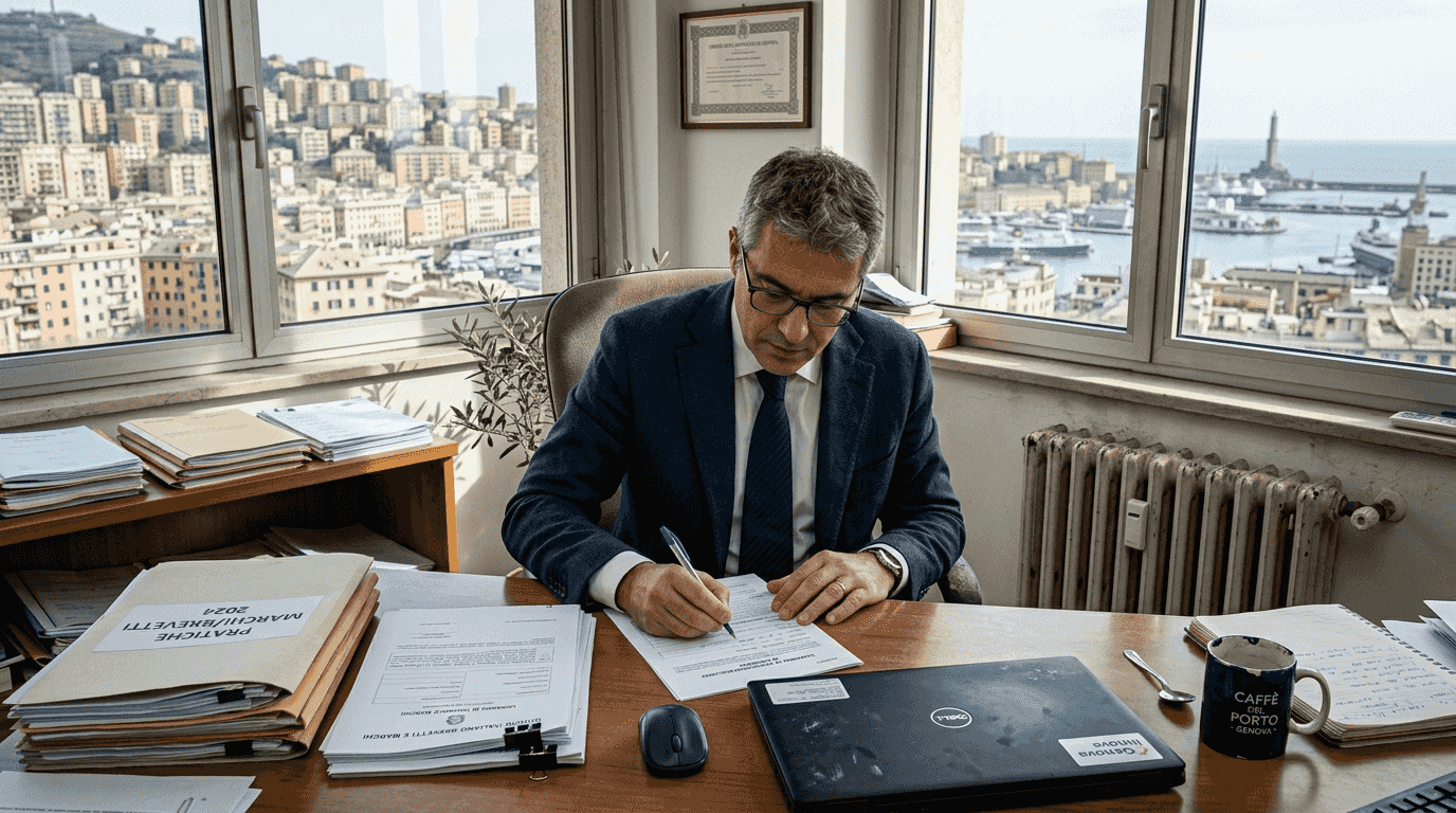 Uomo che finalizza la registrazione di un marchio presso l’ufficio di Genova