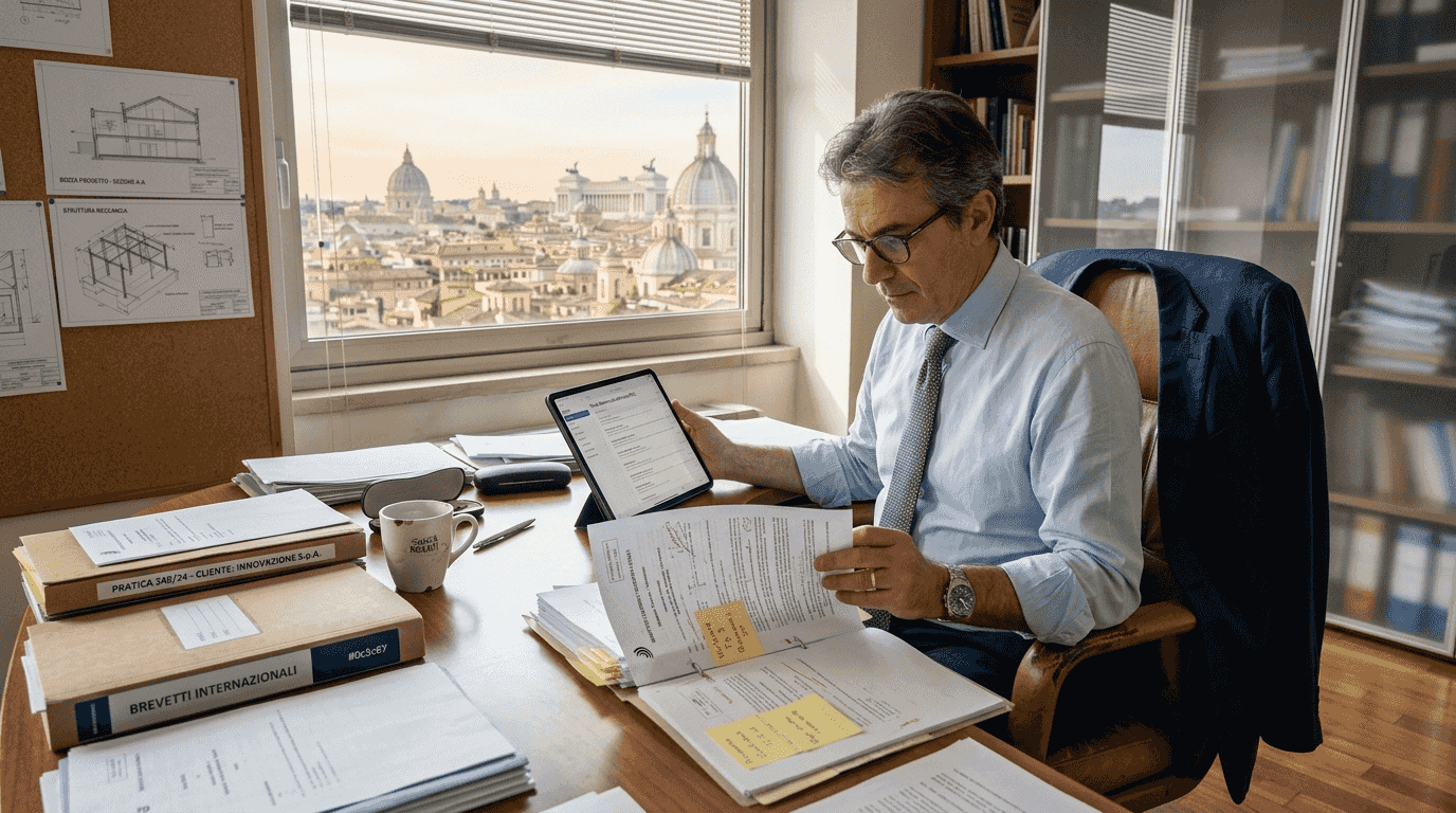 Un avvocato esamina la documentazione relativa a un brevetto nel suo studio a Roma.