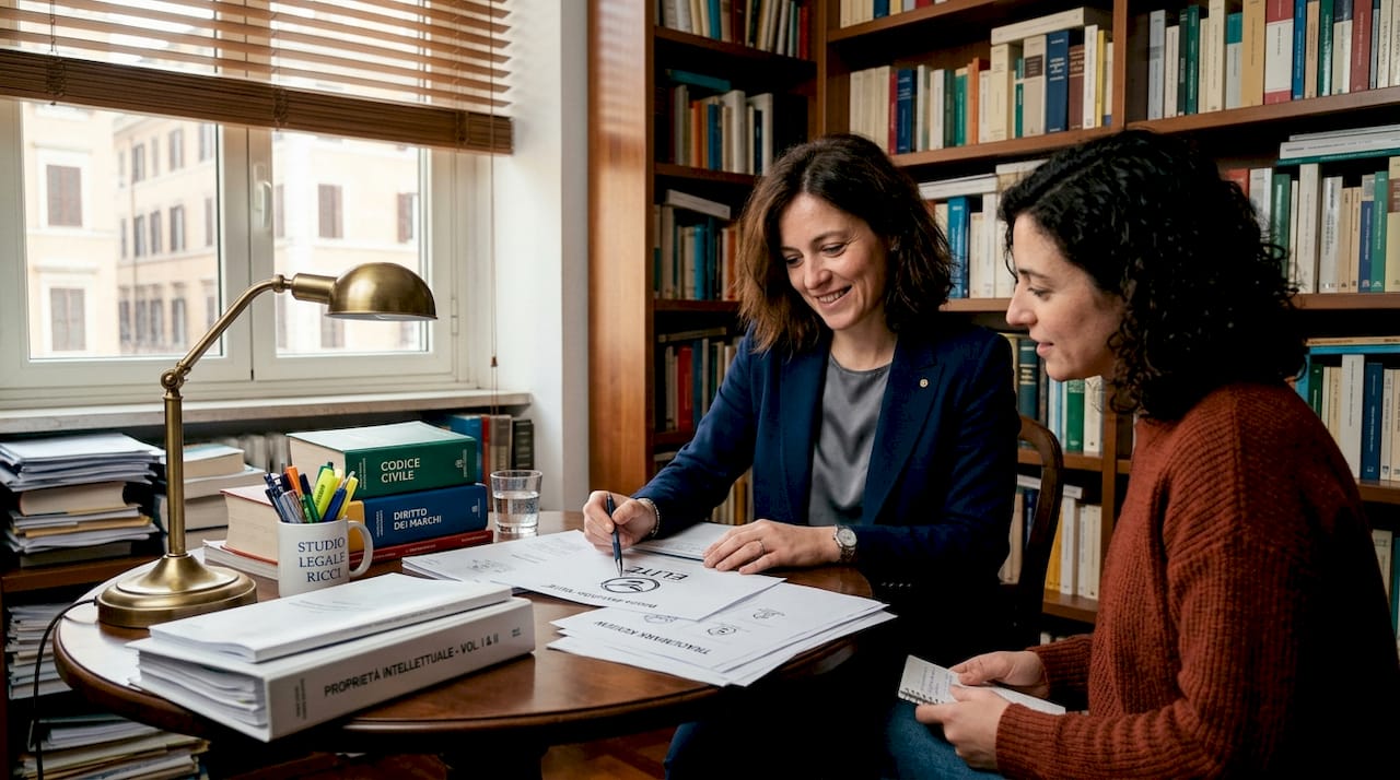 L’avvocato esamina insieme al cliente i bozzetti del marchio.