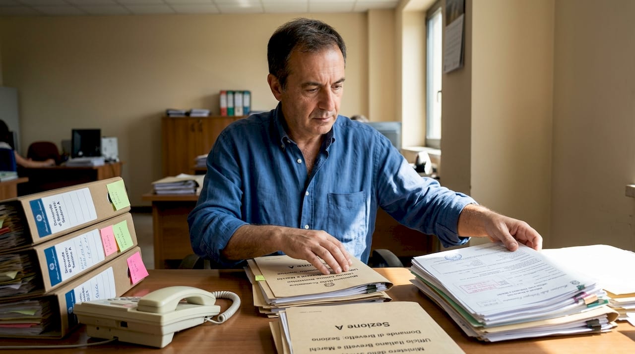 Un impiegato sistemando le pratiche dei brevetti tra pile di documenti in un ufficio pieno di movimento