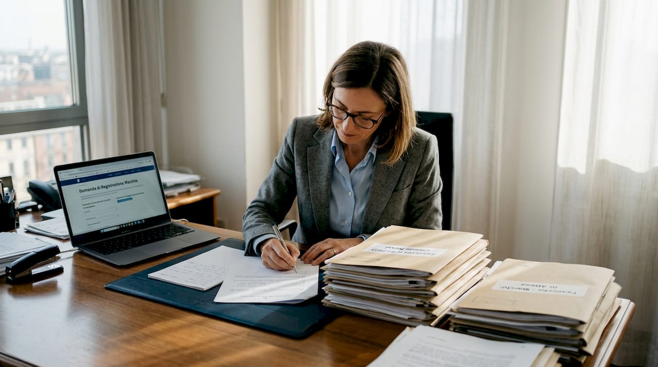 Un avvocato sta firmando la documentazione per la registrazione di un marchio nel suo studio.