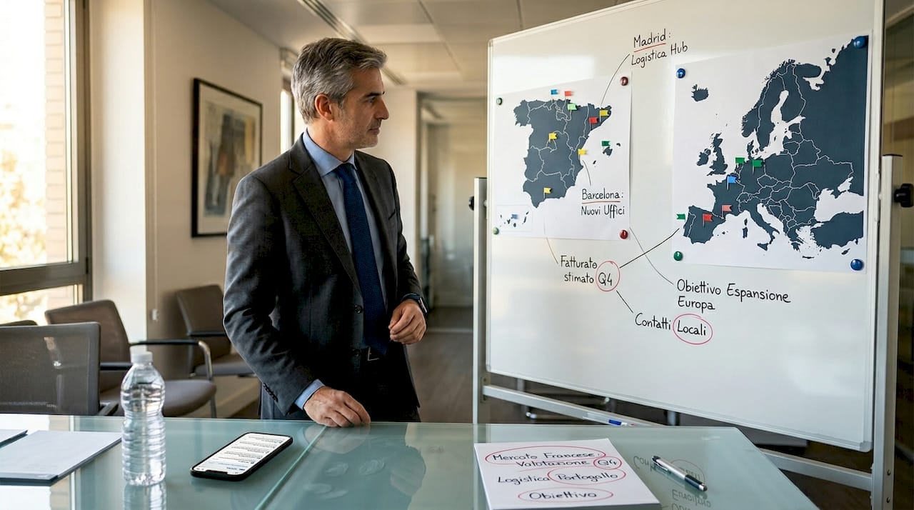 Imprenditore analizza le mappe della Spagna e dell’Europa per individuare nuove opportunità di business.