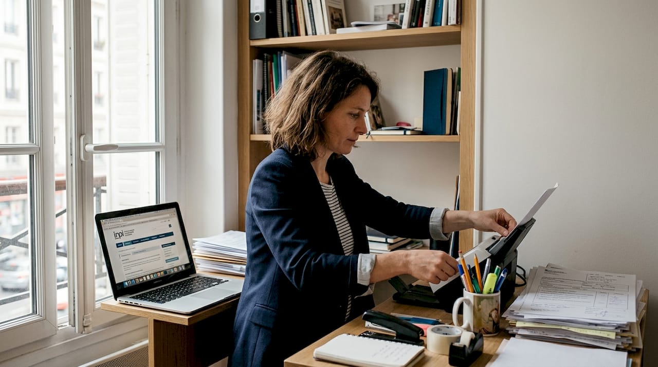 Una donna esamina documenti legali nel suo studio di casa in Francia.