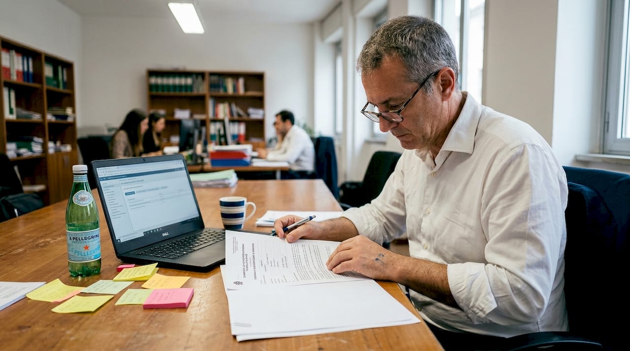 Un avvocato esamina la documentazione relativa a un marchio nello studio legale.