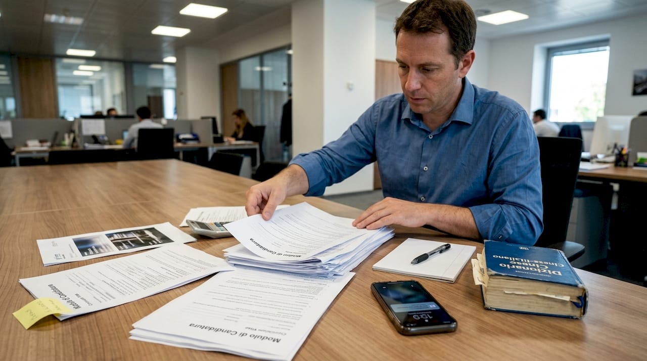 Un uomo sta compilando la documentazione per la registrazione di proprietà intellettuale nel suo ufficio.