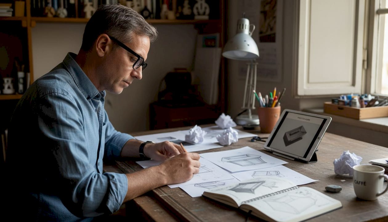 Un designer analizza attentamente i bozzetti di un nuovo progetto industriale.