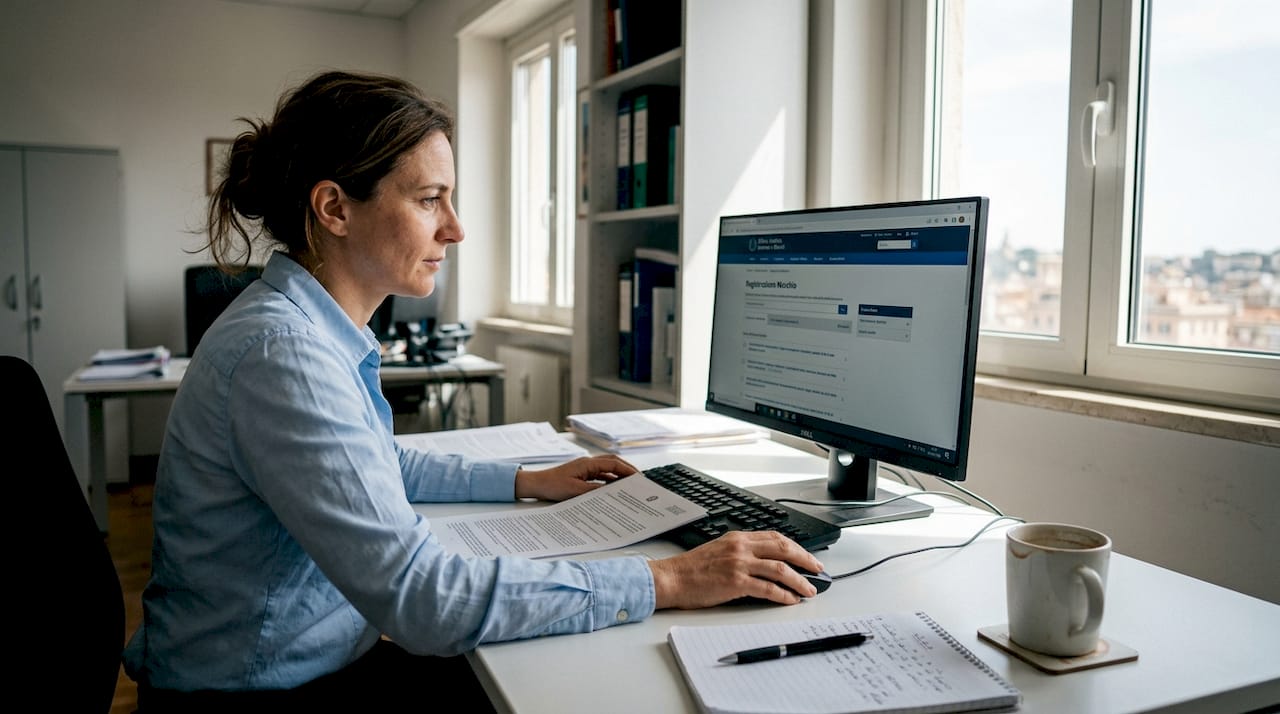 Una donna sta cercando informazioni su come registrare un marchio, approfondendo tutti i passaggi necessari per tutelare il proprio brand.