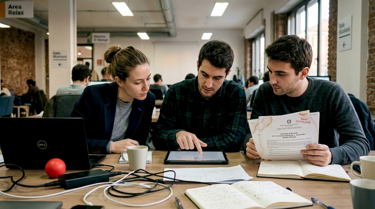 Il team della startup si confronta su come pianificare la strategia per i brevetti.