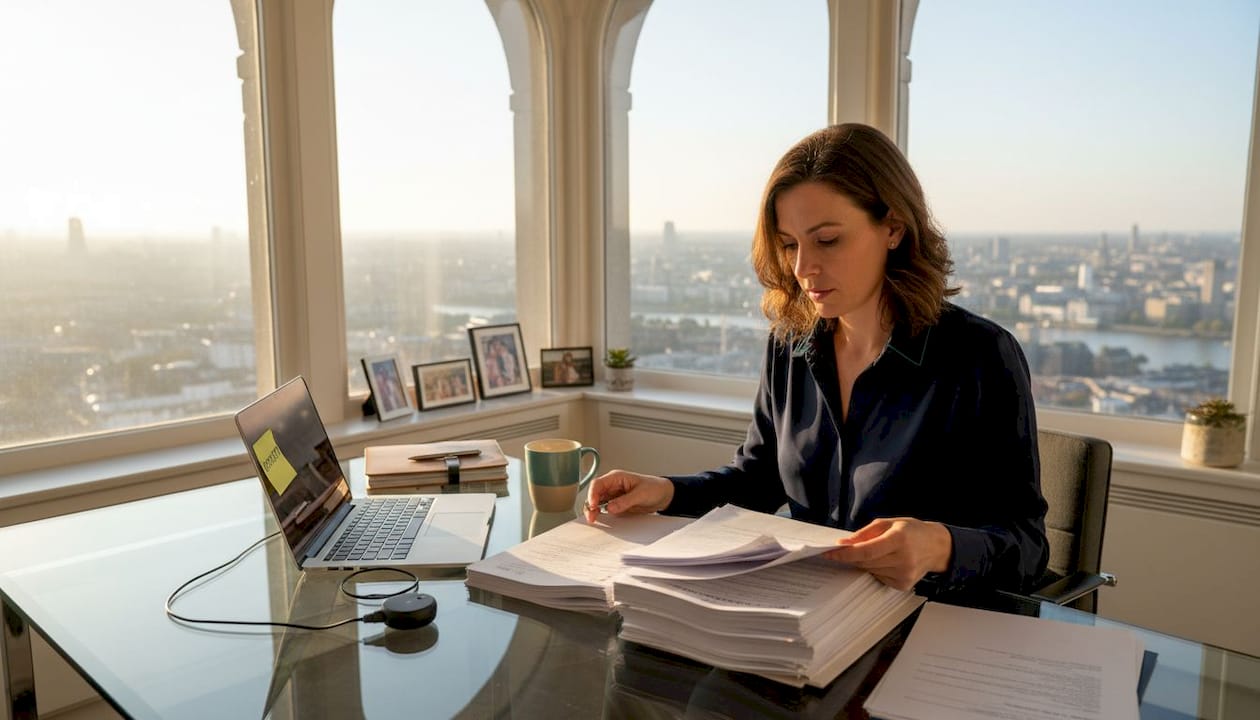 Imprenditrice alle prese con la verifica dei documenti per la registrazione del marchio.