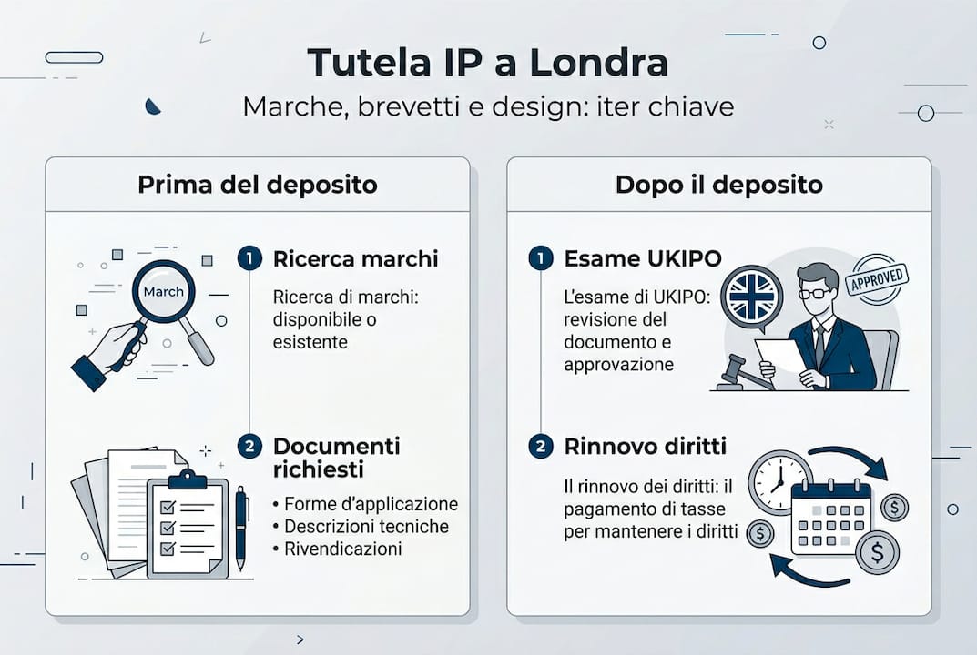 Infografica: le fasi per la protezione di marchi, brevetti e design a Londra