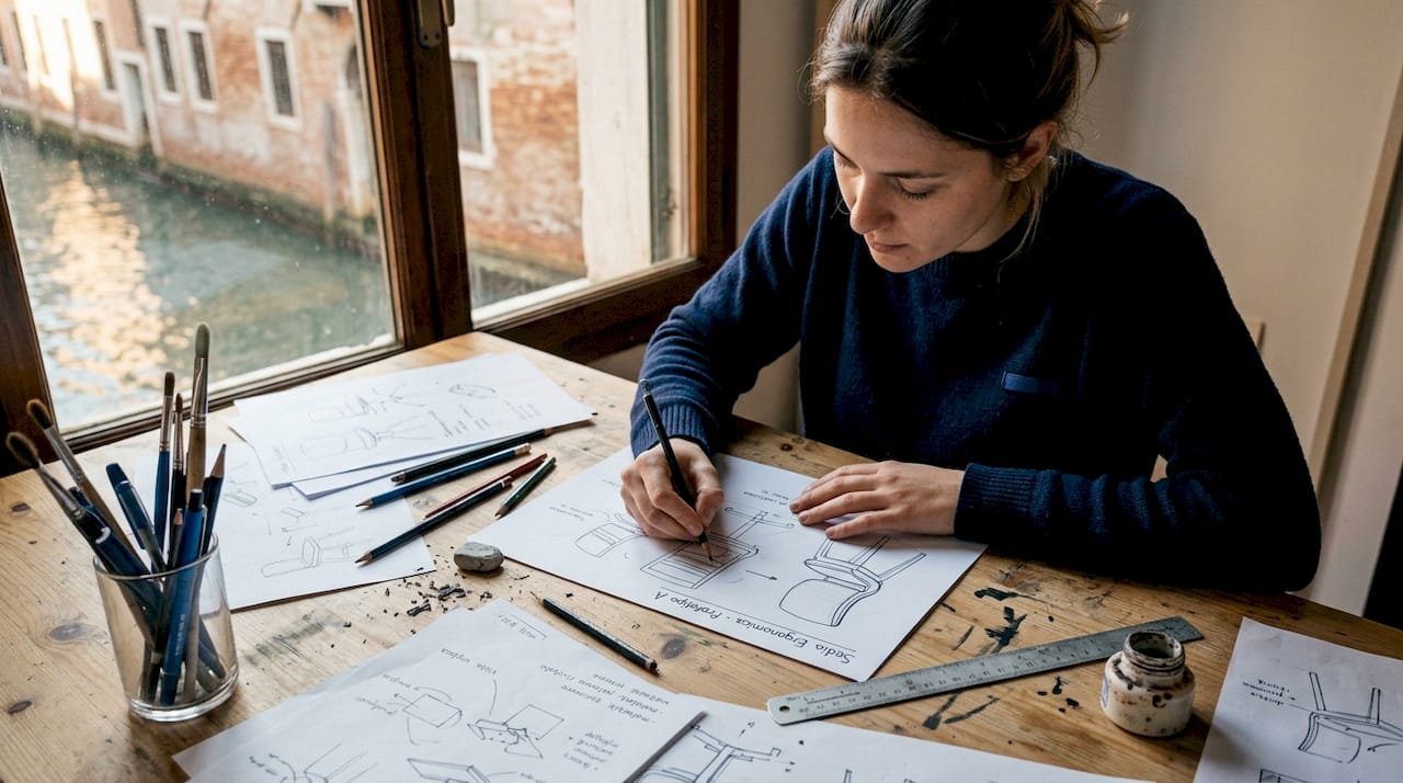 Una designer industriale sta sviluppando i primi bozzetti di un nuovo prodotto.