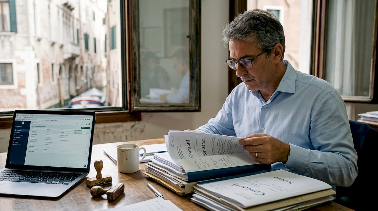Un professionista veneziano sta esaminando i documenti necessari per la registrazione.