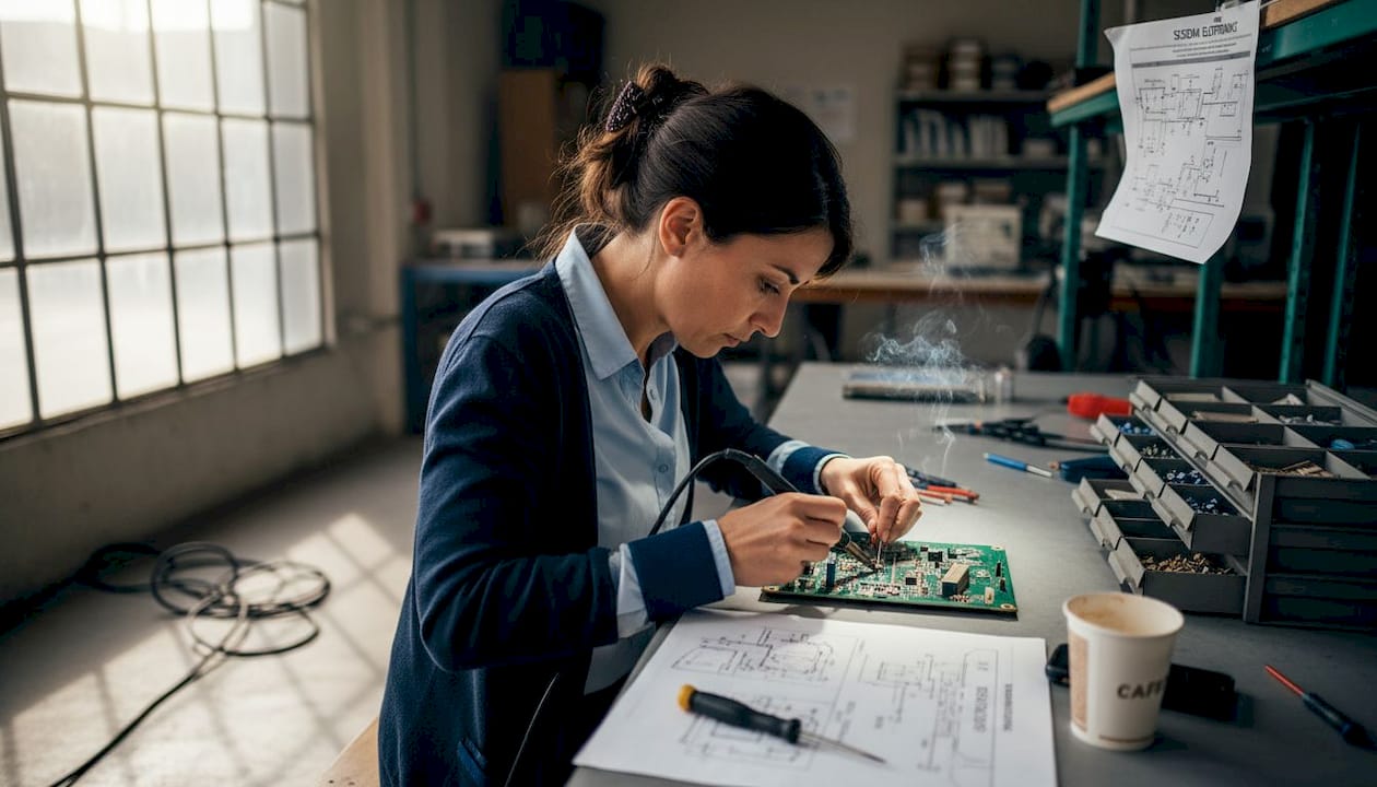 Un ingegnere sta montando un circuito elettronico in laboratorio per sviluppare un nuovo brevetto.