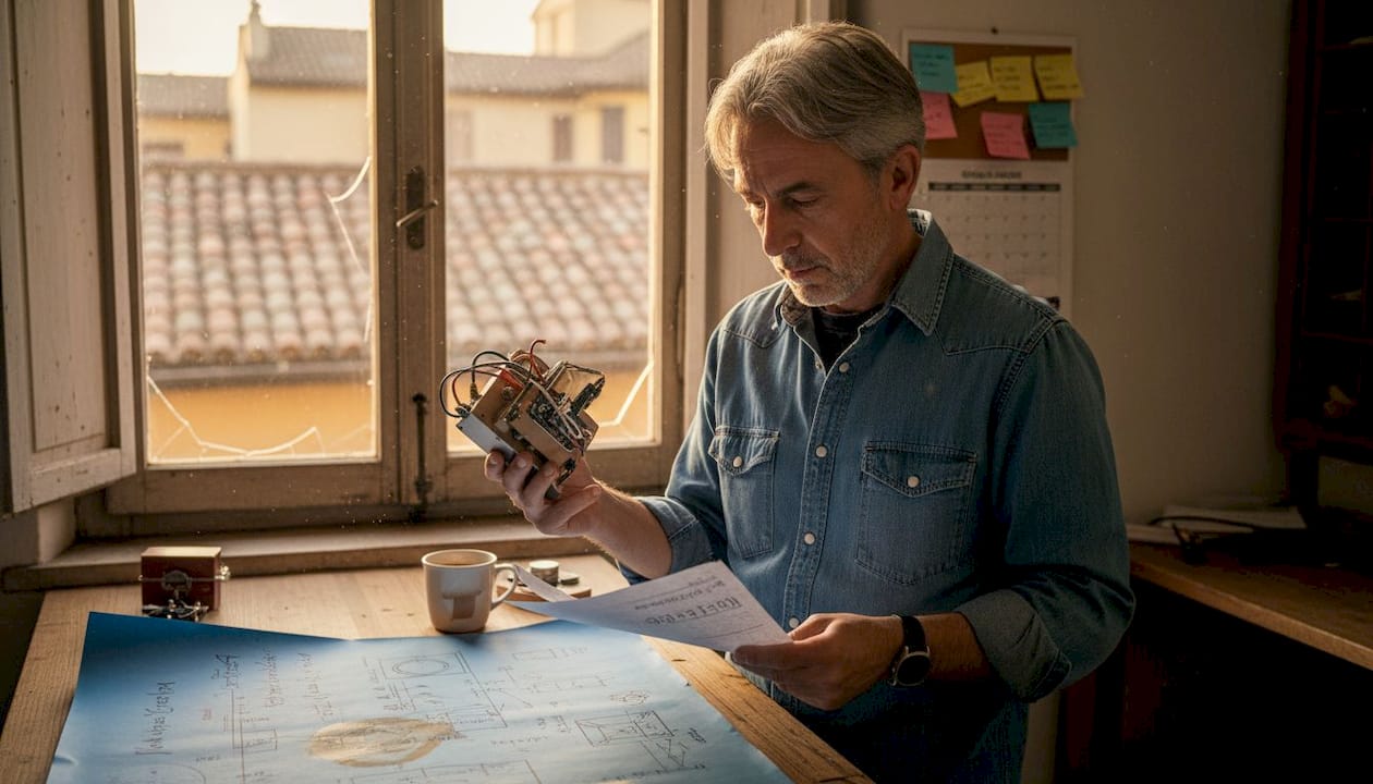Un inventore analizza documenti di brevetto sul suo banco di lavoro, concentrato sui dettagli delle nuove invenzioni.