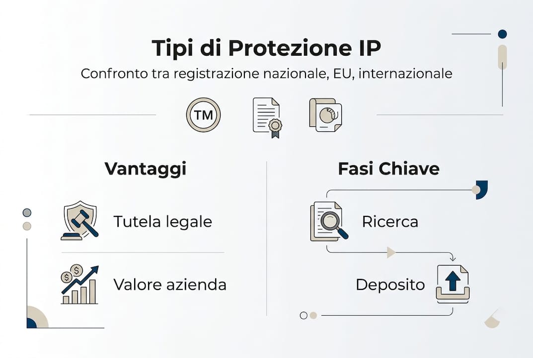 Infografica che illustra le diverse tipologie e le principali fasi della registrazione dei diritti di proprietà intellettuale