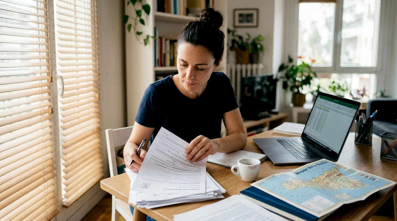 Donna che esamina documenti relativi ai marchi siciliani nel suo studio di casa.