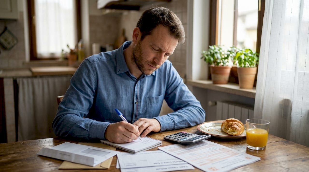 Un uomo seduto al tavolo della cucina fa i conti sulle spese legali.
