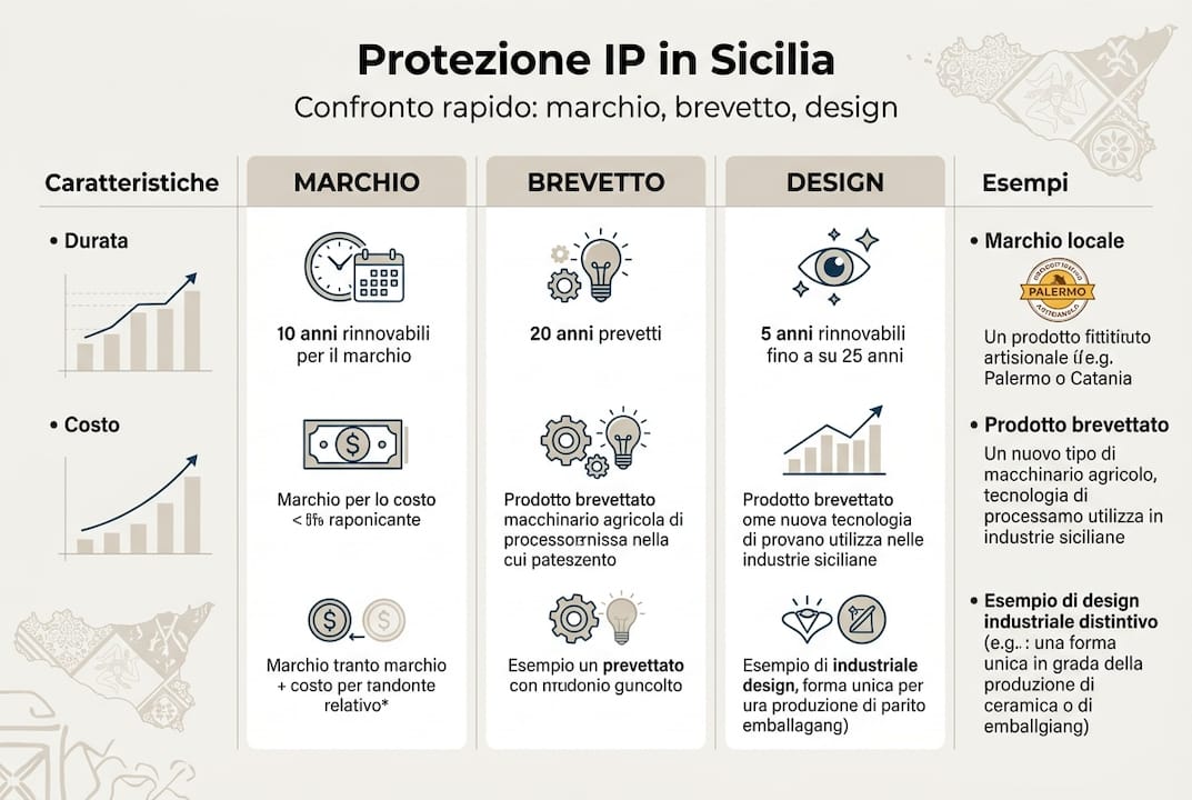 Infografica comparativa su marchio, brevetto e design: cosa li distingue e come sceglierli