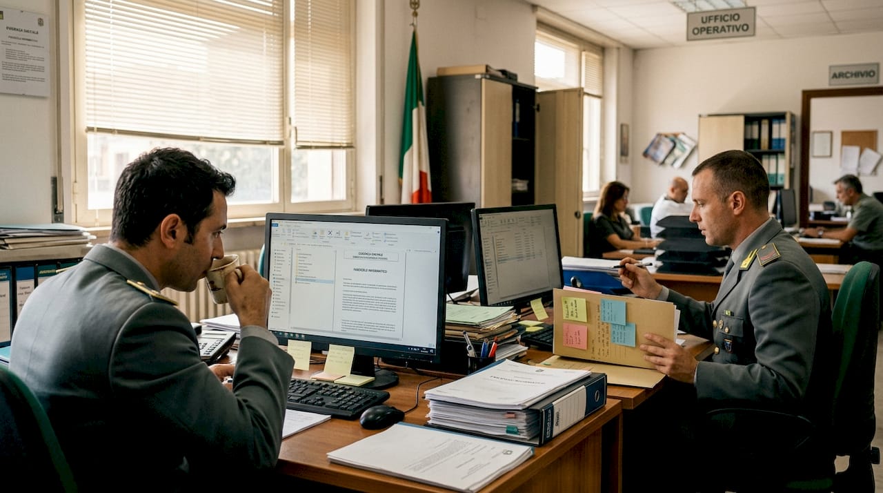 Gli agenti della Guardia di Finanza sono impegnati nell’analisi dei fascicoli e delle prove raccolte.