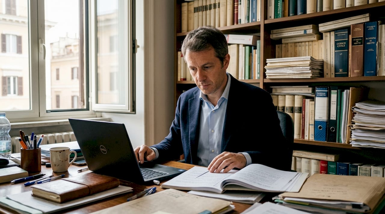 Un avvocato esamina dei fascicoli nel proprio studio legale.