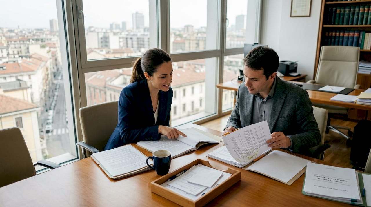 Un team di avvocati sta analizzando la documentazione relativa alla registrazione di un marchio, riuniti in ufficio.