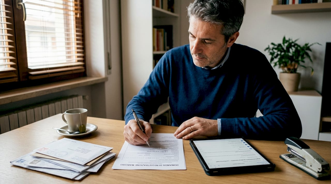 Un uomo sta compilando il modulo per la registrazione di un marchio.