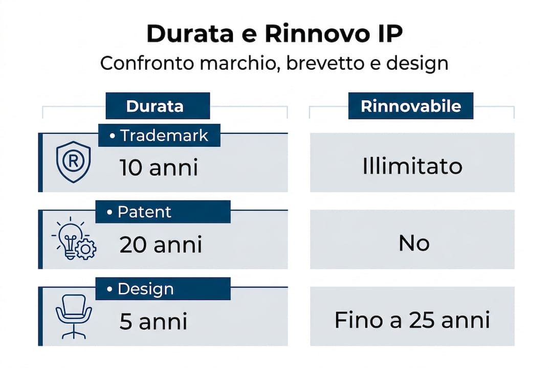 Infografica sulla durata e sul rinnovo dei diritti di proprietà intellettuale