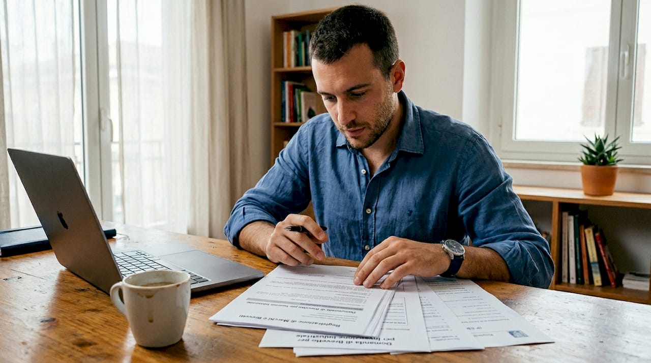 Imprenditore al lavoro in ufficio mentre analizza documenti relativi alla proprietà intellettuale.