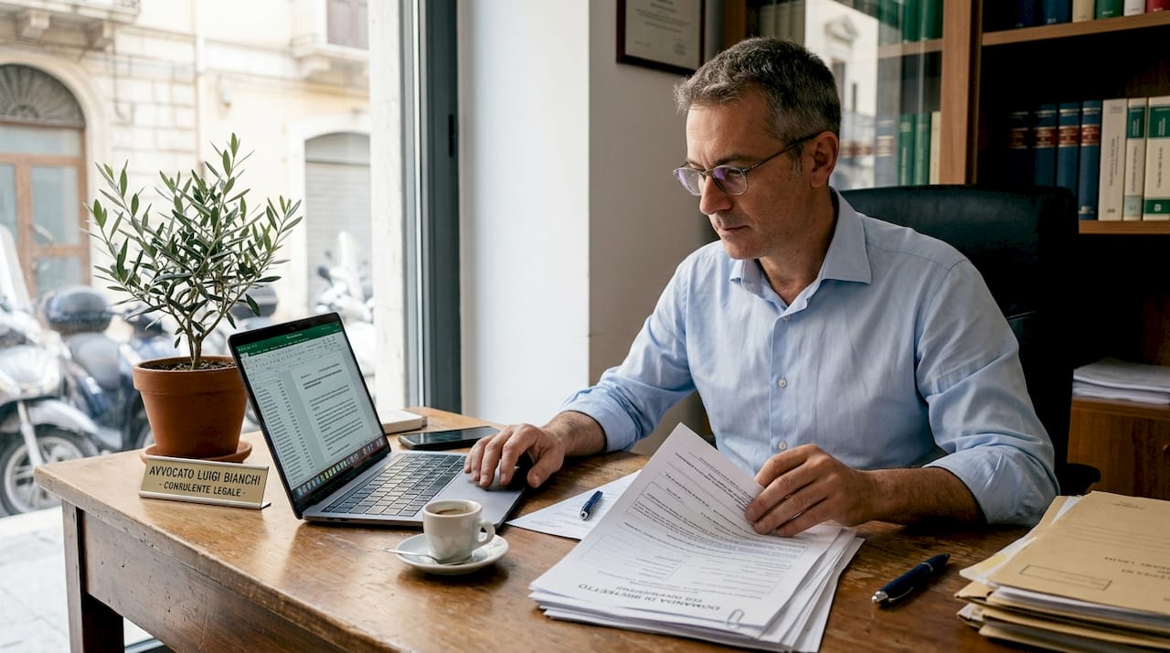 Consulente legale che analizza la documentazione per la registrazione dei diritti di proprietà intellettuale.
