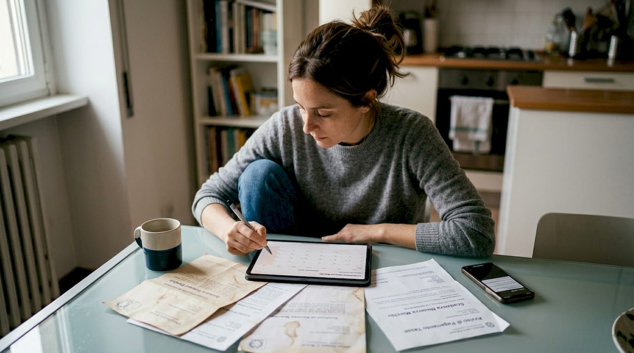 Una donna seduta al tavolo della cucina sta controllando e aggiornando le scadenze dei suoi marchi registrati.