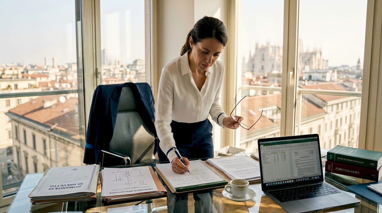 Avvocato impegnato nell’esame di documenti relativi a marchi nello studio legale di Milano.
