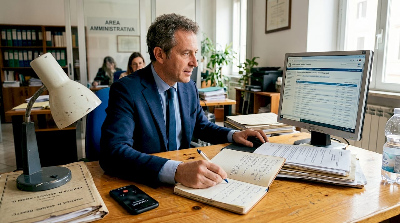 Un avvocato immerso nell’analisi di documenti sull’arte precedente, circondato da una scrivania piena di carte e fascicoli.