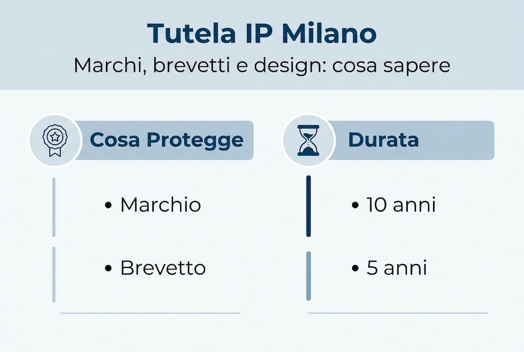 Infografica italiana su protezione della proprietà intellettuale e durata dei diritti