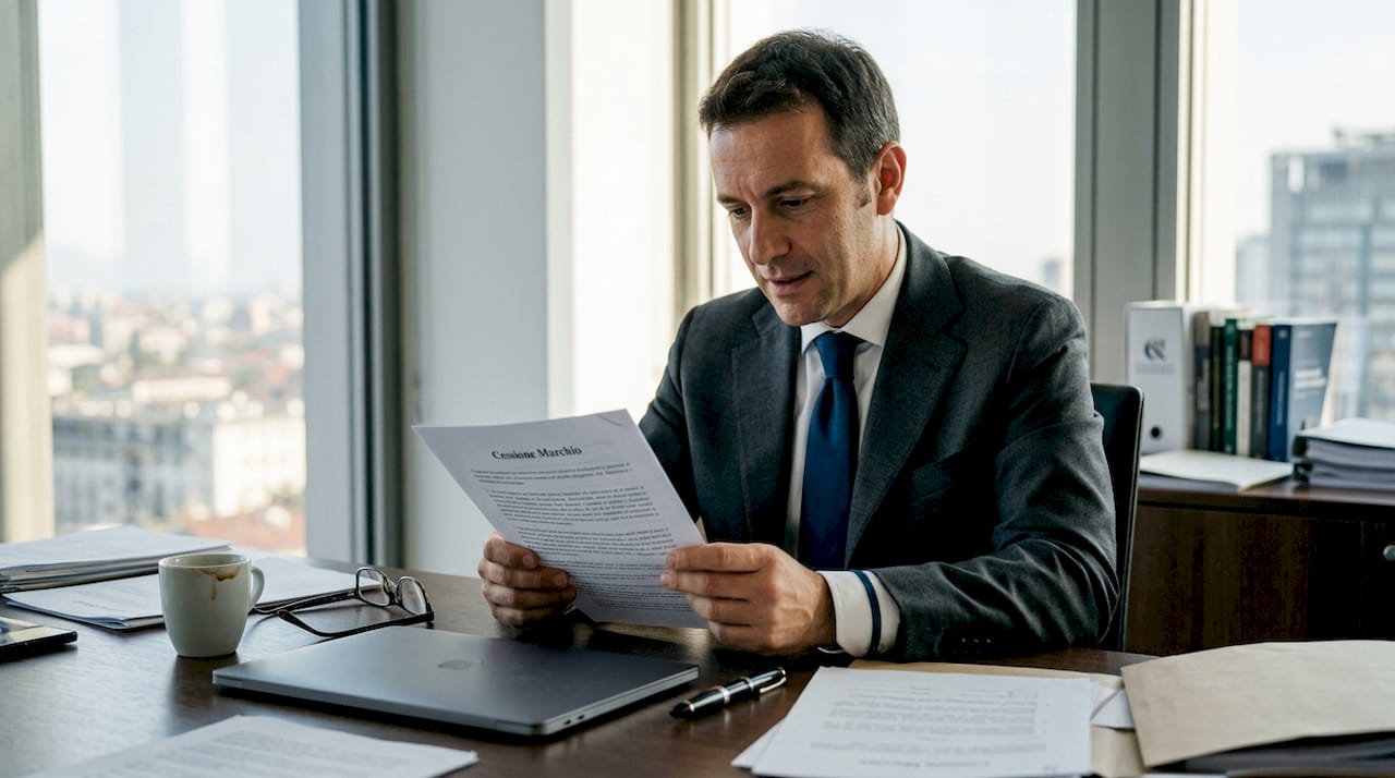 Un imprenditore sta valutando attentamente un contratto relativo a un marchio nel suo ufficio.